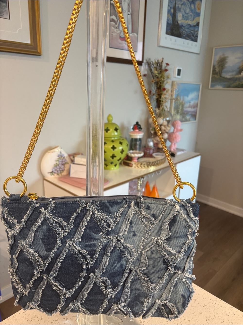 Denim Textured Chain-Handle Shoulder Bag - Blue